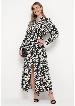 Czarna Koszulowa Sukienka z Wiskozy Ozdobiona Ornamentalnym Wzorem Rulffa ze sklepu Born2be Odzież w kategorii Sukienki - zdjęcie 170260273