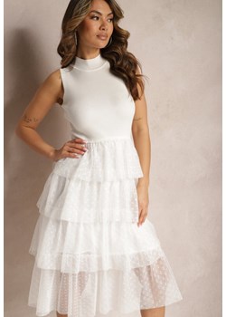 Biała Sukienka Bez Rękawów z Tiulowymi Falbanami w Kropki Karielema ze sklepu Renee odzież w kategorii Sukienki - zdjęcie 170260940
