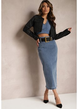 Niebieska Jeansowa Spódnica Midi Bawełniana z Ażurowym Paskiem i Klamrą Allerio ze sklepu Renee odzież w kategorii Spódnice - zdjęcie 170267540
