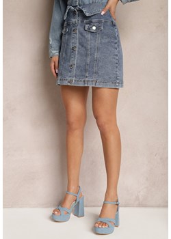 Granatowa Jeansowa Spódnica Mini z Wysoką Talią Paper Bag i Guzikami Tirhela ze sklepu Renee odzież w kategorii Spódnice - zdjęcie 170267573