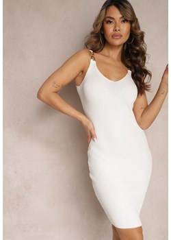 Biała Prążkowana Sukienka o Dopasowanym Fasonie z Metalicznymi Ozdobami na Ramiączkach Dhaissa ze sklepu Renee odzież w kategorii Sukienki - zdjęcie 170267691