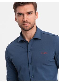 Bawełniana męska koszula REGULAR z dzianiny single jersey - niebieska V1 OM-SHCS-0138 ze sklepu ombre w kategorii Koszule męskie - zdjęcie 170270660