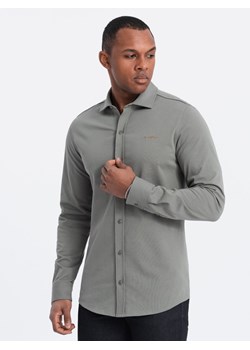 Bawełniana męska koszula REGULAR z dzianiny single jersey - jasny khaki V4 OM-SHCS-0138 ze sklepu ombre w kategorii Koszule męskie - zdjęcie 170270673