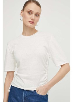 Samsoe Samsoe t-shirt lniany SAALBANE kolor beżowy F24100091 ze sklepu ANSWEAR.com w kategorii Bluzki damskie - zdjęcie 170271254
