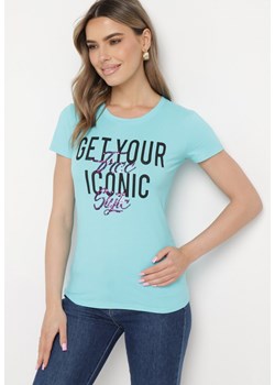 Miętowy Bawełniany T-shirt z Ozdobnym Napisem i Cekinami Oriella ze sklepu Born2be Odzież w kategorii Bluzki damskie - zdjęcie 170300550