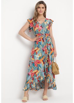 Niebieska Asymetryczna Sukienka z Wiskozy z Gumką w Talii i Falbanką Carua ze sklepu Born2be Odzież w kategorii Sukienki - zdjęcie 170301062