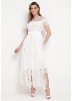 Biała Sukienka z Przezroczystego Materiału Rozkloszowana Ozdobiona Koronką Pela ze sklepu Born2be Odzież w kategorii Sukienki - zdjęcie 170301182