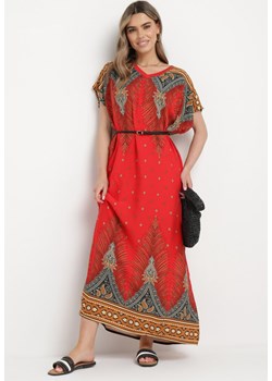 Czerwona Bawełniana Sukienka Pudełkowa Długa w Abstrakcyjny Wzór Olatias ze sklepu Born2be Odzież w kategorii Sukienki - zdjęcie 170301251