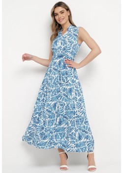 Niebieska Wiskozowa Sukienka Maxi z Gumką w Pasie i Falbanką oraz Materiałowym Paskiem Noemille ze sklepu Born2be Odzież w kategorii Sukienki - zdjęcie 170301260