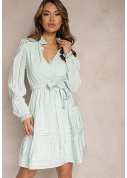 Jasnoniebieska Rozkloszowana Sukienka z Koronkowymi Wstawkami i Wiązaniem w Talii Padria ze sklepu Renee odzież w kategorii Sukienki - zdjęcie 170301482