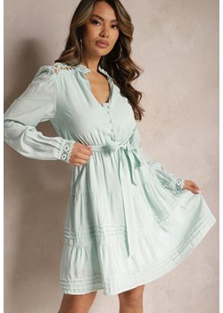 Jasnoniebieska Rozkloszowana Sukienka z Koronkowymi Wstawkami i Wiązaniem w Talii Padria ze sklepu Renee odzież w kategorii Sukienki - zdjęcie 170301484