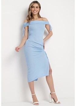 Niebieska Sukienka Midi Dopasowana z Hiszpańskim Dekoltem i Rozcięciem Sadille ze sklepu Born2be Odzież w kategorii Sukienki - zdjęcie 170308542