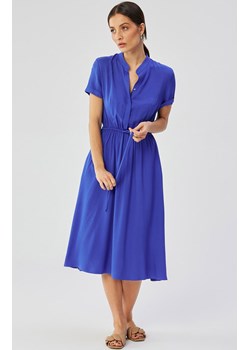 Niebieska sukienka ze stójką i wiązaniem w pasie S366, Kolor niebieski, Rozmiar L, Stylove ze sklepu Primodo w kategorii Sukienki - zdjęcie 170320933
