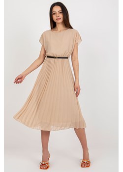 Ciemnobeżowa rozkloszowana sukienka z paskiem ze sklepu 5.10.15 w kategorii Sukienki - zdjęcie 170326122