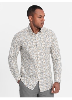 Męska koszula SLIM FIT we wzór florystyczny - beżowa V2 OM-SHPS-0139 ze sklepu ombre w kategorii Koszule męskie - zdjęcie 170340434