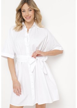 Biała Bawełniana Sukienka Wiązana w Pasie o Koszulowym Fasonie Litina ze sklepu Born2be Odzież w kategorii Sukienki - zdjęcie 170390284
