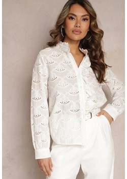Biała Koszula z Bawełny ze Stójką Haftem i Ażurowymi Wstawkami Mylina ze sklepu Renee odzież w kategorii Koszule damskie - zdjęcie 170404353