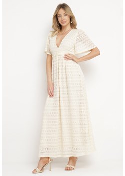 Jasnobeżowa Koronkowa Sukienka Maxi z Gumką w Pasie Umisse ze sklepu Born2be Odzież w kategorii Sukienki - zdjęcie 170405023