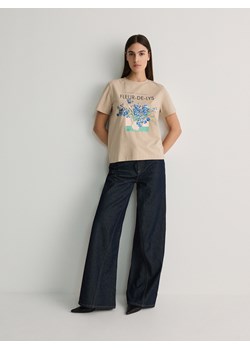 Reserved - Bawełniany t-shirt z nadrukiem - beżowy ze sklepu Reserved w kategorii Bluzki damskie - zdjęcie 170406153