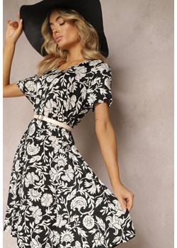 Czarna Letnia Sukienka Rozkloszowana z Krótkim Rękawem w Kwiaty z Wiskozy Annira ze sklepu Renee odzież w kategorii Sukienki - zdjęcie 170412454