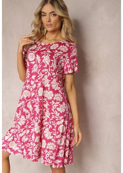 Różowa Letnia Sukienka Rozkloszowana z Krótkim Rękawem w Kwiaty z Wiskozy Annira ze sklepu Renee odzież w kategorii Sukienki - zdjęcie 170412474
