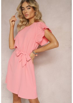 Różowa Mini Sukienka Rozkloszowana ze Zdobionym Rękawem i Materiałowym Paskiem Ajemia ze sklepu Renee odzież w kategorii Sukienki - zdjęcie 170423012