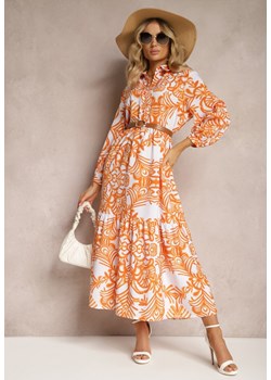 Pomarańczowa Rozkloszowana Sukienka Długa z Falbanką w Ornamentalny Print Naraoda ze sklepu Renee odzież w kategorii Sukienki - zdjęcie 170423024