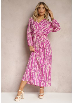 Fioletowa Długa Kopertowa Sukienka z Abstrakcyjnym Motywem i Paskiem w Talii Delphinna ze sklepu Renee odzież w kategorii Sukienki - zdjęcie 170440522