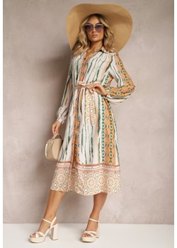 Beżowa Koszulowa Sukienka Wiązana w Talii Ozdobiona Abstrakcyjnym Wzorem Nilima ze sklepu Renee odzież w kategorii Sukienki - zdjęcie 170440592