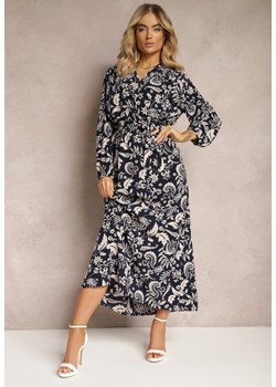 Granatowa Rozkloszowana Sukienka Maxi z Wiskozy o Koszulowym Kroju w Ornamentalny Print Leonorra ze sklepu Renee odzież w kategorii Sukienki - zdjęcie 170440601