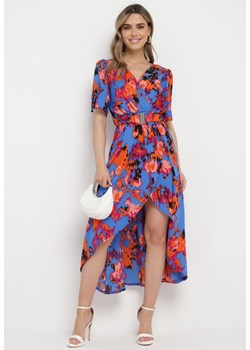 Niebiesko-Pomarańczowa Sukienka z Kopertowym Dekoltem i Asymetrycznym Dołem z Gumką w Talii Coralen ze sklepu Born2be Odzież w kategorii Sukienki - zdjęcie 170441173