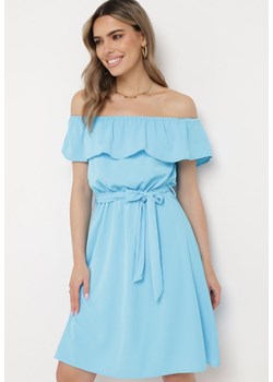 Niebieska Hiszpanka Sukienka z Materiałowym Paskiem o Rozkloszowanym Kroju Konielle ze sklepu Born2be Odzież w kategorii Sukienki - zdjęcie 170441292