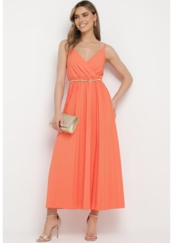 Pomarańczowa Rozkloszowana Sukienka Długa z Kopertowym Dekoltem na Ramiączkach Asmerria ze sklepu Born2be Odzież w kategorii Sukienki - zdjęcie 170441381