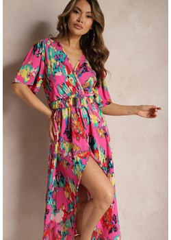 Fuksjowa Asymetryczna Sukienka z Gumką w Pasie i Kopertowym Dekoltem Perlana ze sklepu Renee odzież w kategorii Sukienki - zdjęcie 170444450