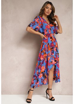 Niebiesko-Pomarańczowa Asymetryczna Sukienka z Gumką w Pasie i Kopertowym Dekoltem Perlana ze sklepu Renee odzież w kategorii Sukienki - zdjęcie 170444470