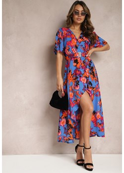 Niebiesko-Pomarańczowa Asymetryczna Sukienka z Gumką w Pasie i Kopertowym Dekoltem Perlana ze sklepu Renee odzież w kategorii Sukienki - zdjęcie 170444471