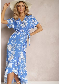 Niebieska Asymetryczna Sukienka Kopertowa z Gumką w Pasie i Kwiatowym Wzorem Aliraya ze sklepu Renee odzież w kategorii Sukienki - zdjęcie 170444480