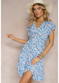 Niebieska Sukienka w Kwiaty z Falbankami i Kopertowym Dekoltem z Wiskozy Cilgara ze sklepu Renee odzież w kategorii Sukienki - zdjęcie 170444560