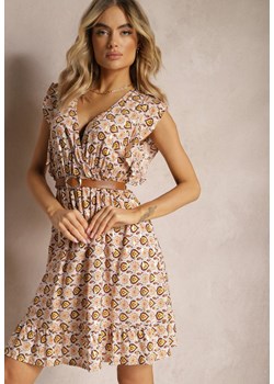 Beżowo-Żółta Sukienka z Gumką w Talii z Wiskozy w Abstrakcyjny Wzór Lianefa ze sklepu Renee odzież w kategorii Sukienki - zdjęcie 170444570