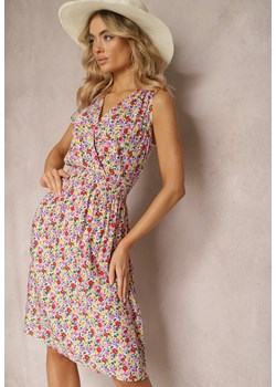 Fioletowo-Różowa Wiskozowa Sukienka o Rozkloszowanym Kroju w Kwiaty z Gumką w Pasie Sigarta ze sklepu Renee odzież w kategorii Sukienki - zdjęcie 170444590