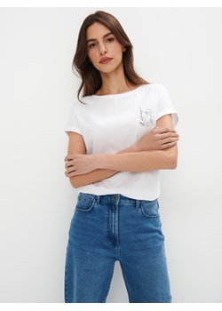 Mohito - Bawełniany t-shirt z nadrukiem - biały ze sklepu Mohito w kategorii Bluzki damskie - zdjęcie 170446981