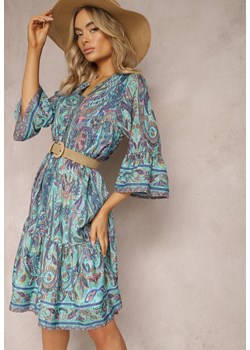 Niebieska Sukienka Bombka z Koszulową Górą w Stylu Boho Alipra ze sklepu Renee odzież w kategorii Sukienki - zdjęcie 170465980