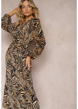 Czarno-Brązowa Kopertowa Sukienka Długa w Abstrakcyjny Wzór z Paskiem w Talii Elennora ze sklepu Renee odzież w kategorii Sukienki - zdjęcie 170466010