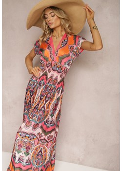 Pomarańczowa Długa Sukienka z Kopertowym Dekoltem i Wzorem Etno z Wiskozy Algrisa ze sklepu Renee odzież w kategorii Sukienki - zdjęcie 170478852