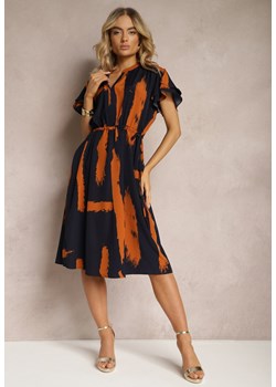 Granatowa Pudełkowa Sukienka z Ozdobnym Wzorem i Sznurkiem w Talii Sidna ze sklepu Renee odzież w kategorii Sukienki - zdjęcie 170478952