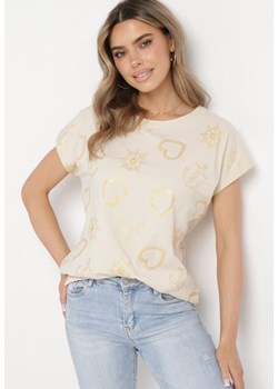 Ciemnobeżowy T-shirt z Błyszczącym Nadrukiem z Elastycznej Bawełny Nacira ze sklepu Born2be Odzież w kategorii Bluzki damskie - zdjęcie 170495361