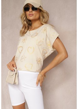 Ciemnobeżowy Bawełniany T-shirt z Błyszczącym Printem Idrana ze sklepu Renee odzież w kategorii Bluzki damskie - zdjęcie 170495803
