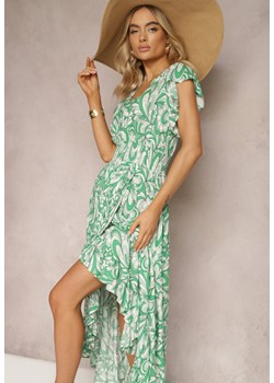 Zielona Sukienka Boho z Gumką w Pasie i Asymetrycznym Dołem z Wiskozy Anorissa ze sklepu Renee odzież w kategorii Sukienki - zdjęcie 170495843