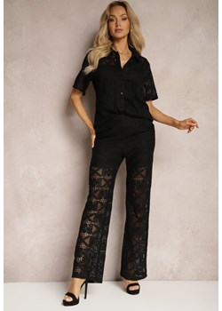 Czarne Szerokie Spodnie z Koronki z Ażurowymi Wycięciami i Gumką w Talii Ardicana ze sklepu Renee odzież w kategorii Spodnie damskie - zdjęcie 170495963