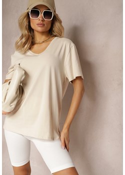 Beżowy T-shirt Klasyczny z Trójkątnym Dekoltem Impatiea ze sklepu Renee odzież w kategorii Bluzki damskie - zdjęcie 170523192